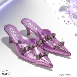 Metallic Purple Kitten Heel Mules Slip-On Studded Piuntex Toe Heels NWT